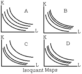 <strong>Use the following to answer questions below: -Refer to the isoquant maps graph. Assume that the four isoquants in each graph represent output levels of 100, 200, 300, and 400. Which of the four graphs shows an isoquant map in which returns to scale are continuously increasing?</strong> A) Graph A B) Graph B C) Graph C D) None of the above is correct.