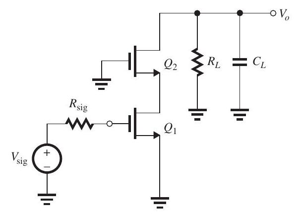 Figure 10.5.1 Figure 10.5.2 (a) The MOSFET in the common-source amplifier in Fig. 10.5.1, where the dc bias arrangement is not shown, is operating at g_{m}=2 \mathrm{~mA} / \mathrm{V} and r_{o}=20 \mathrm{k} \Omega and has R_{\text {sig }}=R_{L}=20 \mathrm{k} \Omega . The transistor capacitances are specified as C_{g s}=40 \mathrm{fF} and C_{g d}=C_{d b}=10 \mathrm{fF} . Also, there is an additional capacitance between the output node and ground, C_{L}=10 \mathrm{fF} . Find the overall de gain G_{v} \equiv V_{o} / V_{\text {sig }} , the upper 3-dB frequency f_{H} , and the gain-bandwidth product f_{t} . To determine f_{H} , use the method of open-circuit time constants and recall that the resistance seen by C_{g d} is given by R_{g d}=\left(1+g_{m} R_{L}^{\prime}\right) R_{\text {sig }}+R_{L}^{\prime} , where R_{L}^{\prime}=R_{L} \| r_{o} . (b) To increase f_{t} , the common-source transistor Q_{1} is cascoded as shown in Fig. 10.5.2 (refer to Figure above), where the dc bias arrangement is not shown. For the same values of R_{\mathrm{sig}}, R_{L} , and C_{L} as in (a), assuming Q_{1} and Q_{2} are biased so that g_{m 1}=g_{m 2}=2 \mathrm{~mA} / \mathrm{V} and r_{o 1}=r_{o 2}=20 \mathrm{k} \Omega , and for the capacitances of Q_{1} and Q_{2} to have the same values as specified in (a) above, find G_{v}, f_{H} , and f_{t} for the cascode amplifier. Recall that R_{\text {out }} \simeq\left(g_{m} r_{o}\right) r_{o} and R_{\text {in } 2}=\frac{1}{g_{m 2}}+\frac{R_{L}}{g_{m 2} r_{o 2}} . In using the open-circuit time-constants method, adapt the formula given in (a) for R_{g d} to obtain R_{g d 1} . By what factor is f_{t} increased?