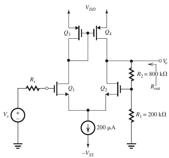      Figure 11.8.1     Figure 11.8.2      Figure 11.8.3 (a) From the  \beta  circuit, shown in Fig. 11.8.2,  \beta \equiv \frac{V_{f}}{V_{o}}=\frac{R_{1}}{R_{1}+R_{2}}  The ideal value of the closed-loop gain is  \begin{aligned} \left.A_{f}\right|_{\text {ideal }} & \left.\equiv \frac{V_{o}}{V_{s}}\right|_{\text {ideal }}=\frac{1}{\beta}=1+\frac{R_{2}}{R_{1}} \\ \beta & =\frac{200}{200+800}=0.2 \mathrm{~V} / \mathrm{V} \\ \frac{V_{o}}{V_{s}} & =1+\frac{800}{200}=5 \mathrm{~V} / \mathrm{V} \end{aligned}  (b) The  A  circuit is shown in Fig. 11.8.3 above  \begin{aligned} A \equiv \frac{V_{o}}{V_{i}} & =g_{m 1,2}\left[r_{o 2}\left\|r_{o 4}\right\|\left(R_{1}+R_{2}\right)\right] \\ R_{O} & =r_{o 2}\left\|r_{o 4}\right\|\left(R_{1}+R_{2}\right) \\ g_{m 1,2} & =\frac{2 I_{D 1,2}}{V_{O V}} \\ & =\frac{2 \times 0.1}{0.2}=1 \mathrm{~mA} / \mathrm{V} \\ r_{O 2} & =r_{o 4}=\frac{\left|V_{A}\right|}{I_{D 2,4}}=\frac{20}{0.1}=200 \mathrm{k} \Omega \end{aligned}  Thus,  \begin{aligned} R_{O} & =200\|200\| 1000=90.9 \mathrm{k} \Omega \\ A & =1 \times 90.9=90.9 \mathrm{~V} / \mathrm{V} \end{aligned}  (c)  \begin{aligned} A_{f} \equiv \frac{V_{o}}{V_{S}} & =\frac{A}{1+A \beta} \\ & =\frac{90.9}{1+90.9 \times 0.2}=\frac{90.9}{19.18} \\ & =4.74 \mathrm{~V} / \mathrm{V} \end{aligned}  which is only  5.2 \%  lower than the ideal value found in (a). (d)  \begin{aligned} R_{o f} & =\frac{R_{O}}{1+A \beta}=\frac{90.9 \mathrm{k} \Omega}{19.18}=4.74 \mathrm{k} \Omega \\ R_{\text {out }} & =R_{o f}=4.74 \mathrm{k} \Omega \end{aligned}
