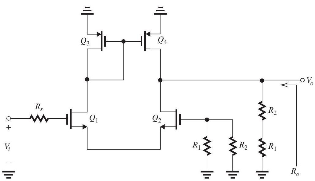      Figure 11.8.1     Figure 11.8.2      Figure 11.8.3 (a) From the  \beta  circuit, shown in Fig. 11.8.2,  \beta \equiv \frac{V_{f}}{V_{o}}=\frac{R_{1}}{R_{1}+R_{2}}  The ideal value of the closed-loop gain is  \begin{aligned} \left.A_{f}\right|_{\text {ideal }} & \left.\equiv \frac{V_{o}}{V_{s}}\right|_{\text {ideal }}=\frac{1}{\beta}=1+\frac{R_{2}}{R_{1}} \\ \beta & =\frac{200}{200+800}=0.2 \mathrm{~V} / \mathrm{V} \\ \frac{V_{o}}{V_{s}} & =1+\frac{800}{200}=5 \mathrm{~V} / \mathrm{V} \end{aligned}  (b) The  A  circuit is shown in Fig. 11.8.3 above  \begin{aligned} A \equiv \frac{V_{o}}{V_{i}} & =g_{m 1,2}\left[r_{o 2}\left\|r_{o 4}\right\|\left(R_{1}+R_{2}\right)\right] \\ R_{O} & =r_{o 2}\left\|r_{o 4}\right\|\left(R_{1}+R_{2}\right) \\ g_{m 1,2} & =\frac{2 I_{D 1,2}}{V_{O V}} \\ & =\frac{2 \times 0.1}{0.2}=1 \mathrm{~mA} / \mathrm{V} \\ r_{O 2} & =r_{o 4}=\frac{\left|V_{A}\right|}{I_{D 2,4}}=\frac{20}{0.1}=200 \mathrm{k} \Omega \end{aligned}  Thus,  \begin{aligned} R_{O} & =200\|200\| 1000=90.9 \mathrm{k} \Omega \\ A & =1 \times 90.9=90.9 \mathrm{~V} / \mathrm{V} \end{aligned}  (c)  \begin{aligned} A_{f} \equiv \frac{V_{o}}{V_{S}} & =\frac{A}{1+A \beta} \\ & =\frac{90.9}{1+90.9 \times 0.2}=\frac{90.9}{19.18} \\ & =4.74 \mathrm{~V} / \mathrm{V} \end{aligned}  which is only  5.2 \%  lower than the ideal value found in (a). (d)  \begin{aligned} R_{o f} & =\frac{R_{O}}{1+A \beta}=\frac{90.9 \mathrm{k} \Omega}{19.18}=4.74 \mathrm{k} \Omega \\ R_{\text {out }} & =R_{o f}=4.74 \mathrm{k} \Omega \end{aligned}
