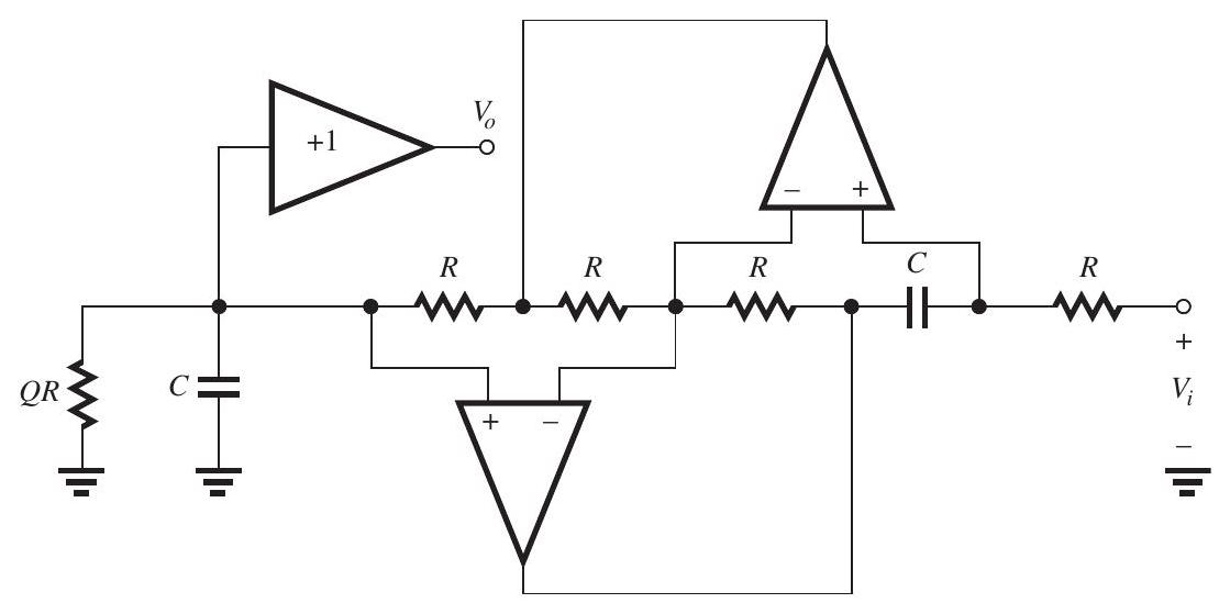  (a)      Figure 14.1.2 Figure 14.1.2 shows the  s -plane locations of the poles. Here,  \begin{aligned} \omega_{p} & \equiv \text { frequency of the passband edge }=10^{4} \mathrm{rad} / \mathrm{s} \\ \epsilon & \equiv \text { passband ripple factor }=1 \end{aligned}  The pair of complex-conjugate poles  p_{1}  and  p_{1}^{*}  have  \omega_{01}=\omega_{p}=10^{4} \mathrm{rad} / \mathrm{s}  and  \begin{aligned} \frac{\omega_{01}}{2 Q_{1}} & =\omega_{01} \cos 72^{\circ} \\ \Rightarrow Q_{1} & =\frac{1}{2 \cos 72^{\circ}}=1.618 \end{aligned}  The pair of complex-conjugate poles  p_{2}  and  p_{2}^{*}  have  \omega_{02}=\omega_{p}=10^{4} \mathrm{rad} / \mathrm{s}  and  Q_{2}=\frac{1}{2 \cos 36^{\circ}}=0.618  The real pole  p_{3}  has a frequency  \omega_{03}=\omega_{p}=10^{4} \mathrm{rad} / \mathrm{s}  Thus, the transfer function of the fifth-order lowpass filter is  T(s)=\frac{10^{20}}{\left(s+10^{4}\right)\left(s^{2}+s \frac{10^{4}}{1.618}+10^{8}\right)\left(s^{2}+s \frac{10^{4}}{0.618}+10^{8}\right)}  where the numerator was found by enforcing the condition  T(0)=1   (b) Refer to Figure 14.1.3       Figure 14.1.3 Each of the pair of complex-conjugate poles will be realized utilizing the low-pass circuit shown in Fig. 14.1.3. Here,  \begin{aligned} C & =10 \mathrm{nF} \\ \omega_{0} & =10^{4}=\frac{1}{C R} \\ R & =\frac{1}{\omega_{0} C}=\frac{1}{10^{4} \times 10 \times 10^{-9}} \\ & =10 \mathrm{k} \Omega \end{aligned}  For the circuit realizing  \left(p_{1}, p_{1}^{*}\right) ,  Q R=1.618 \times 10=16.18 \mathrm{k} \Omega  For the circuit realizing  \left(p_{2}, p_{2}^{*}\right) ,  Q R=0.618 \times 10=6.18 \mathrm{k} \Omega  Each circuit has a unity de gain.      Figure 14.1.4 Figure 14.1.4 shows the circuit for realizing the real-axis pole,  p_{3} . Here  C=10 \mathrm{nF} \quad \text { and } \quad R=\frac{1}{\omega_{0} C}=10 \mathrm{k} \Omega  The feedback resistance is selected equal to  R  so as to obtain a unity de gain. Placing the three sections in cascade provides the realization of the fifth-order Butterworth lowpass filter. The resulting circuit is shown in Fig. 14.1.5       (c)  \begin{aligned} |T| & =\frac{1}{\sqrt{1+\left(\omega / \omega_{p}\right)^{2 N}}} \\ A & =10 \log \left[1+\left(\omega / \omega_{p}\right)^{2 N}\right], \mathrm{dB} \end{aligned}  where  \omega_{p}=10^{4} \mathrm{rad} / \mathrm{s} \quad \text { and } \quad N=5  At  \omega=\omega_{S}=2 \times 10^{4} \mathrm{rad} / \mathrm{s} ,  \begin{aligned} A & =10 \log \left(1+2^{10}\right) \\ & =30.1 \mathrm{~dB} \end{aligned}       Figure 14.1.6 