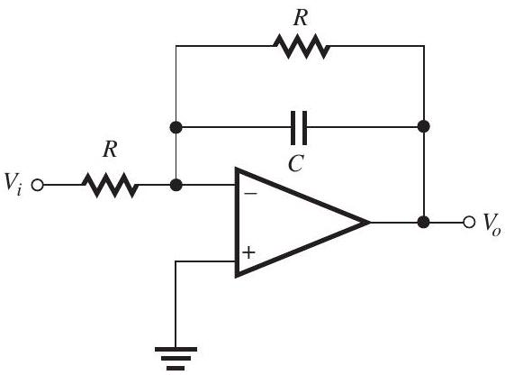  (a)      Figure 14.1.2 Figure 14.1.2 shows the  s -plane locations of the poles. Here,  \begin{aligned} \omega_{p} & \equiv \text { frequency of the passband edge }=10^{4} \mathrm{rad} / \mathrm{s} \\ \epsilon & \equiv \text { passband ripple factor }=1 \end{aligned}  The pair of complex-conjugate poles  p_{1}  and  p_{1}^{*}  have  \omega_{01}=\omega_{p}=10^{4} \mathrm{rad} / \mathrm{s}  and  \begin{aligned} \frac{\omega_{01}}{2 Q_{1}} & =\omega_{01} \cos 72^{\circ} \\ \Rightarrow Q_{1} & =\frac{1}{2 \cos 72^{\circ}}=1.618 \end{aligned}  The pair of complex-conjugate poles  p_{2}  and  p_{2}^{*}  have  \omega_{02}=\omega_{p}=10^{4} \mathrm{rad} / \mathrm{s}  and  Q_{2}=\frac{1}{2 \cos 36^{\circ}}=0.618  The real pole  p_{3}  has a frequency  \omega_{03}=\omega_{p}=10^{4} \mathrm{rad} / \mathrm{s}  Thus, the transfer function of the fifth-order lowpass filter is  T(s)=\frac{10^{20}}{\left(s+10^{4}\right)\left(s^{2}+s \frac{10^{4}}{1.618}+10^{8}\right)\left(s^{2}+s \frac{10^{4}}{0.618}+10^{8}\right)}  where the numerator was found by enforcing the condition  T(0)=1   (b) Refer to Figure 14.1.3       Figure 14.1.3 Each of the pair of complex-conjugate poles will be realized utilizing the low-pass circuit shown in Fig. 14.1.3. Here,  \begin{aligned} C & =10 \mathrm{nF} \\ \omega_{0} & =10^{4}=\frac{1}{C R} \\ R & =\frac{1}{\omega_{0} C}=\frac{1}{10^{4} \times 10 \times 10^{-9}} \\ & =10 \mathrm{k} \Omega \end{aligned}  For the circuit realizing  \left(p_{1}, p_{1}^{*}\right) ,  Q R=1.618 \times 10=16.18 \mathrm{k} \Omega  For the circuit realizing  \left(p_{2}, p_{2}^{*}\right) ,  Q R=0.618 \times 10=6.18 \mathrm{k} \Omega  Each circuit has a unity de gain.      Figure 14.1.4 Figure 14.1.4 shows the circuit for realizing the real-axis pole,  p_{3} . Here  C=10 \mathrm{nF} \quad \text { and } \quad R=\frac{1}{\omega_{0} C}=10 \mathrm{k} \Omega  The feedback resistance is selected equal to  R  so as to obtain a unity de gain. Placing the three sections in cascade provides the realization of the fifth-order Butterworth lowpass filter. The resulting circuit is shown in Fig. 14.1.5       (c)  \begin{aligned} |T| & =\frac{1}{\sqrt{1+\left(\omega / \omega_{p}\right)^{2 N}}} \\ A & =10 \log \left[1+\left(\omega / \omega_{p}\right)^{2 N}\right], \mathrm{dB} \end{aligned}  where  \omega_{p}=10^{4} \mathrm{rad} / \mathrm{s} \quad \text { and } \quad N=5  At  \omega=\omega_{S}=2 \times 10^{4} \mathrm{rad} / \mathrm{s} ,  \begin{aligned} A & =10 \log \left(1+2^{10}\right) \\ & =30.1 \mathrm{~dB} \end{aligned}       Figure 14.1.6 