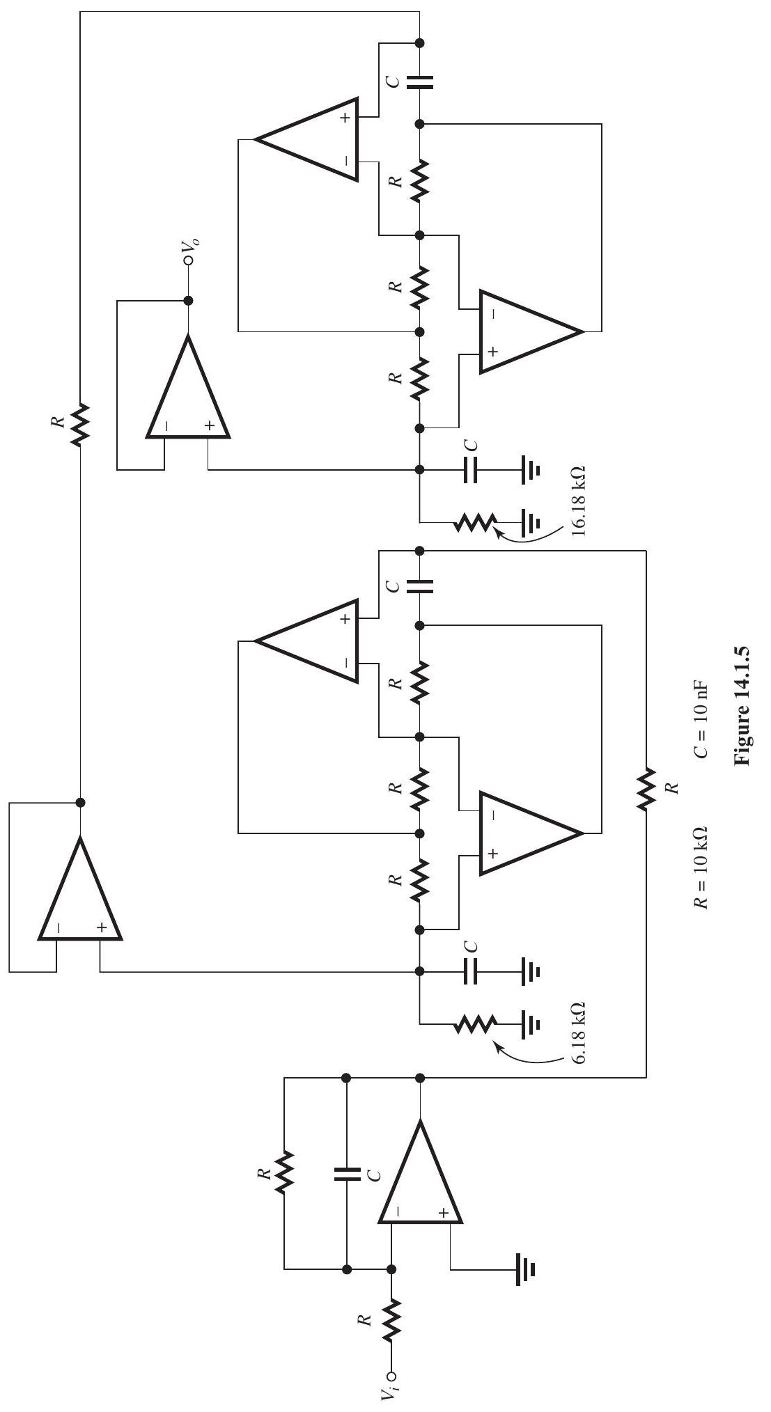  (a)      Figure 14.1.2 Figure 14.1.2 shows the  s -plane locations of the poles. Here,  \begin{aligned} \omega_{p} & \equiv \text { frequency of the passband edge }=10^{4} \mathrm{rad} / \mathrm{s} \\ \epsilon & \equiv \text { passband ripple factor }=1 \end{aligned}  The pair of complex-conjugate poles  p_{1}  and  p_{1}^{*}  have  \omega_{01}=\omega_{p}=10^{4} \mathrm{rad} / \mathrm{s}  and  \begin{aligned} \frac{\omega_{01}}{2 Q_{1}} & =\omega_{01} \cos 72^{\circ} \\ \Rightarrow Q_{1} & =\frac{1}{2 \cos 72^{\circ}}=1.618 \end{aligned}  The pair of complex-conjugate poles  p_{2}  and  p_{2}^{*}  have  \omega_{02}=\omega_{p}=10^{4} \mathrm{rad} / \mathrm{s}  and  Q_{2}=\frac{1}{2 \cos 36^{\circ}}=0.618  The real pole  p_{3}  has a frequency  \omega_{03}=\omega_{p}=10^{4} \mathrm{rad} / \mathrm{s}  Thus, the transfer function of the fifth-order lowpass filter is  T(s)=\frac{10^{20}}{\left(s+10^{4}\right)\left(s^{2}+s \frac{10^{4}}{1.618}+10^{8}\right)\left(s^{2}+s \frac{10^{4}}{0.618}+10^{8}\right)}  where the numerator was found by enforcing the condition  T(0)=1   (b) Refer to Figure 14.1.3       Figure 14.1.3 Each of the pair of complex-conjugate poles will be realized utilizing the low-pass circuit shown in Fig. 14.1.3. Here,  \begin{aligned} C & =10 \mathrm{nF} \\ \omega_{0} & =10^{4}=\frac{1}{C R} \\ R & =\frac{1}{\omega_{0} C}=\frac{1}{10^{4} \times 10 \times 10^{-9}} \\ & =10 \mathrm{k} \Omega \end{aligned}  For the circuit realizing  \left(p_{1}, p_{1}^{*}\right) ,  Q R=1.618 \times 10=16.18 \mathrm{k} \Omega  For the circuit realizing  \left(p_{2}, p_{2}^{*}\right) ,  Q R=0.618 \times 10=6.18 \mathrm{k} \Omega  Each circuit has a unity de gain.      Figure 14.1.4 Figure 14.1.4 shows the circuit for realizing the real-axis pole,  p_{3} . Here  C=10 \mathrm{nF} \quad \text { and } \quad R=\frac{1}{\omega_{0} C}=10 \mathrm{k} \Omega  The feedback resistance is selected equal to  R  so as to obtain a unity de gain. Placing the three sections in cascade provides the realization of the fifth-order Butterworth lowpass filter. The resulting circuit is shown in Fig. 14.1.5       (c)  \begin{aligned} |T| & =\frac{1}{\sqrt{1+\left(\omega / \omega_{p}\right)^{2 N}}} \\ A & =10 \log \left[1+\left(\omega / \omega_{p}\right)^{2 N}\right], \mathrm{dB} \end{aligned}  where  \omega_{p}=10^{4} \mathrm{rad} / \mathrm{s} \quad \text { and } \quad N=5  At  \omega=\omega_{S}=2 \times 10^{4} \mathrm{rad} / \mathrm{s} ,  \begin{aligned} A & =10 \log \left(1+2^{10}\right) \\ & =30.1 \mathrm{~dB} \end{aligned}       Figure 14.1.6 
