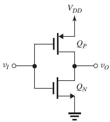      Figure 16.2.1 (a) For the inverter switching to occur at  0.9 \mathrm{~V} , which is  V_{D D} / 2, Q_{N}  and  Q_{P}  must be matched:  \begin{aligned} k_{n} & =k_{p} \\ \mu_{n} C_{O x}\left(\frac{W}{L}\right)_{N} & =\mu_{p} C_{O x}\left(\frac{W}{L}\right)_{P} \end{aligned}  Thus,  \frac{(W / P)_{P}}{(W / L)_{N}}=\frac{\mu_{n}}{\mu_{p}}=4  Since  L_{N}=L_{P}=0.18 \mu \mathrm{m}  and  \begin{aligned} \left(\frac{W}{L}\right)_{N} & =1.5 \\ \Rightarrow W_{N} & =1.5 \times 0.18=0.27 \mu \mathrm{m} \\ W_{P} & =4 W_{N}=4 \times 0.27=1.08 \mu \mathrm{m} \end{aligned}  we obtain  \left(\frac{W}{L}\right)_{P}=\frac{1.08 \mu \mathrm{m}}{0.18 \mu \mathrm{m}}  (b)  \begin{aligned} V_{O H} & =V_{D D}=1.8 \mathrm{~V} \\ V_{O L} & =0 \mathrm{~V} \\ V_{I L} & =\frac{1}{8}\left(3 V_{D D}+2 V_{t}\right) \\ & =\frac{1}{8}(3 \times 1.8+2 \times 0.4) \\ & =0.775 \mathrm{~V} \\ N M_{L} & =V_{I L}-V_{O L}=0.775-0=0.775 \mathrm{~V} \\ N M_{H} & =N M_{L}=0.775 \mathrm{~V} \end{aligned}  (c) At the switching point,  Q_{N}  and  Q_{P}  operate in saturation:  \begin{aligned} I_{D} & =\frac{1}{2} \mu_{n} C_{o x}\left(\frac{W}{L}\right)_{N}\left(\frac{V_{D D}}{2}-V_{t}\right)^{2} \\ & =\frac{1}{2} \times 0.4 \times 1.5(0.9-0.4)^{2} \\ & =0.075 \mathrm{~mA}=75 \mu \mathrm{A} \end{aligned}  (d) For  v_{I}=1.8 \mathrm{~V}, Q_{N}  is operating in the triode region:  i_{D N}=k_{n}\left[\left(v_{G S}-V_{t n}\right) v_{D S}-\frac{1}{2} v_{D S}^{2}\right]  For  v_{G S}=1.8 \mathrm{~V}  and  v_{D S}=0.4 \mathrm{~V} ,  \begin{aligned} i_{D N} & =0.4 \times 1.5\left[(1.8-0.4) 0.4-\frac{1}{2} \times 0.4^{2}\right] \\ & =0.288 \mathrm{~mA} \end{aligned}