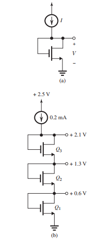     Figure 5.1.1 (a) For the circuit shown in Fig. 5.1.1(a), show (neglecting  \lambda  ) that  V=V_{t}+\sqrt{\frac{2 I}{k_{n}^{\prime}(W / L)}}  (b) The MOSFETs in the circuit of Fig. 5.1.1(b) [6 points] have  V_{t}=0.4 \mathrm{~V}, k_{n}^{\prime}=0.4 \mathrm{~mA} / \mathrm{V}^{2} , and  \lambda=0 . Find  (W / L)_{1},(W / L)_{2} , and  (W / L)_{3}  to obtain the reference voltages shown.<div style=padding-top: 35px>  