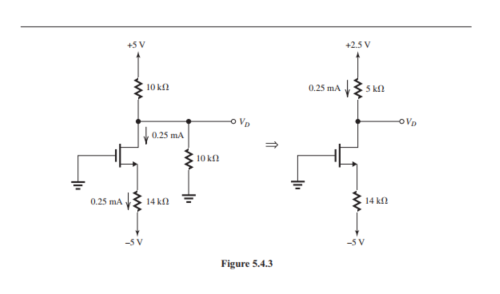        (b) Refer to Figure 5.4 .3 below.      We assume that with  R_{L}  reduced to  10 \mathrm{k} \Omega , the MOSFET remains in saturation. Thus,  I_{D}  remains unchanged at 0.25  \mathrm{mA} . Figure 5.4.3 shows the circuit before and after Thévenin theorem is applied to simplify the drain circuit. Now,  V_{D}=2.5-0.25 \times 5=1.25 \mathrm{~V}  Thus,  V_{D}>V_{G} , and saturation-mode operation is confirmed. The drain voltage becomes  V_{D}=1.25 \mathrm{~V}  (c)      Figure 5.4.4 If  R_{L}  is disconnected, the circuit becomes as in Fig. 5.4.4. Assuming that the transistor remains in saturation, then  I_{D}=0.25 \mathrm{~mA}  and  V_{D}=5-0.25 \times 10=2.5 \mathrm{~V}  which is greater than  V_{G} , thus confirming saturation-mode operation. The drain voltage is now  V_{D}=+2.5 \mathrm{~V}   (d)     Figure 5.4.5 With  R_{L}  disconnected and the MOSFET operating at the edge of saturation,  V_{D G}=-V_{t} , thus  V_{D}=-1 \mathrm{~V}  and the current remains unchanged,  I_{D}=0.25 \mathrm{~mA}  From the circuit in Fig. 5.4.5, we can write  \begin{aligned} R_{D} & =\frac{5-V_{D}}{I_{D}}=\frac{5-(-1)}{0.25} \\ & =24 \mathrm{k} \Omega \end{aligned}