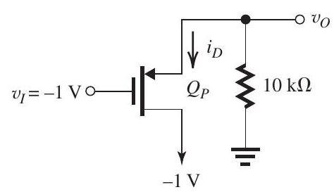  (a)      Figure 5.6.2 From Fig. 5.6.2, we see that when  v_{I}=0 \mathrm{~V} , both transistors are cut off and  v_{O}=0 \mathrm{~V}  (b)      With  v_{I}=+1 \mathrm{~V}, Q_{P}  cannot conduct and can be eliminated, reducing the circuit to that shown in Fig. 5.6.3. Since  v_{G D N}=0 \mathrm{~V}, Q_{N}  will be operating in saturation with  i_{D}=\frac{1}{2} k_{n}\left(v_{G S}-V_{t n}\right)^{2}  But  i_{D}=\frac{v_{O}}{10 \mathrm{k} \Omega}=0.1 v_{O}, \quad \mathrm{~mA}  and  v_{G S}=v_{I}-v_{O}=1-v_{O}  Thus,  \begin{aligned} 0.1  v_{O} & =\frac{1}{2} \times 2\left(1-v_{O}-0.4\right)^{2} \\ & =\left(0.6-v_{O}\right)^{2} \\ & =0.36-1.2 v_{O}+v_{O}^{2} \end{aligned}  which can be rearranged in the form  v_{O}^{2}-1.3 v_{O}+0.36=0  This quadratic has two solutions:  0.775 \mathrm{~V} , which is physically meaningless since  v_{G S}  becomes  1-   0.775=0.225 \mathrm{~V} , which is less than  V_{t n} ; and  0.4 \mathrm{~V} , which is possible. Thus,  v_{O}=0.4 \mathrm{~V}  (c)      Figure 5.6.4 With  v_{I}=-1 \mathrm{~V}, Q_{N}  cannot conduct and can be eliminated, reducing the circuit to that shown in Fig. 5.6.4. Since  v_{G D P}=0 \mathrm{~V}, Q_{P}  will be operating in saturation. We recognize this situation to be the complement of that in (b) above. Thus, we do not need to do the analysis again and we can simply write  v_{O}=-0.4 \mathrm{~V}  (d)      With  v_{I}=+2 \mathrm{~V}, Q_{P}  cannot conduct and can be removed, thus reducing the circuit to that shown in Fig. 5.6.5. Since  v_{G D N}=1 \mathrm{~V} , which is greater than  V_{t n}, Q_{N}  will be operating in the triode region. Thus,  i_{D}=k_{n}\left[\left(v_{G S}-V_{t n}\right) v_{D S}-\frac{1}{2} v_{D S}^{2}\right]  Here,  \begin{aligned} i_{D} & =\frac{v_{O}}{10 \mathrm{k} \Omega}=0.1 v_{O}, \quad \mathrm{~mA} \\ v_{G S} & =2-v_{O} \\ v_{D S} & =1-v_{O} \end{aligned}  Thus,  \begin{aligned} 0.1  v_{O} & =2\left[\left(1.6-v_{O}\right)\left(1-v_{O}\right)-\frac{1}{2}\left(1-v_{O}\right)^{2}\right] \\ & =2\left[1.6-2.6 v_{O}+v_{O}^{2}-\frac{1}{2}+v_{O}-\frac{1}{2} v_{O}^{2}\right] \\ & =v_{O}^{2}-3.2 v_{O}+2.2 \\ & \Rightarrow v_{O}^{2}-3.3 v_{O}+2.2=0 \end{aligned}  which has the following solution  v_{O}=\frac{+3.3 \pm \sqrt{3.3^{2}-8.8}}{2}=0.927 \mathrm{~V} \text { or } 2.37 \mathrm{~V}  The second solution is physically meaningless as  v_{O}  exceeds  v_{D} . Thus,  v_{O}=0.927 \mathrm{~V}  (e)      Figure 5.6.6 With  v_{I}=-2 \mathrm{~V}, Q_{N}  cannot conduct and the circuit reduces to that shown in Fig. 5.6.6. We recognize this situation to be the complement of that in (d) above. Thus,  v_{O}=-0.927 \mathrm{~V}