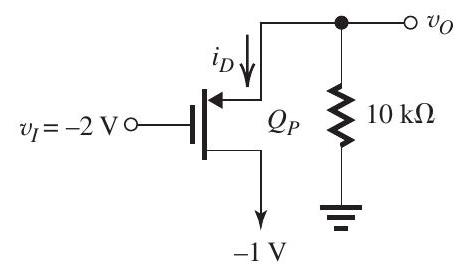  (a)      Figure 5.6.2 From Fig. 5.6.2, we see that when  v_{I}=0 \mathrm{~V} , both transistors are cut off and  v_{O}=0 \mathrm{~V}  (b)      With  v_{I}=+1 \mathrm{~V}, Q_{P}  cannot conduct and can be eliminated, reducing the circuit to that shown in Fig. 5.6.3. Since  v_{G D N}=0 \mathrm{~V}, Q_{N}  will be operating in saturation with  i_{D}=\frac{1}{2} k_{n}\left(v_{G S}-V_{t n}\right)^{2}  But  i_{D}=\frac{v_{O}}{10 \mathrm{k} \Omega}=0.1 v_{O}, \quad \mathrm{~mA}  and  v_{G S}=v_{I}-v_{O}=1-v_{O}  Thus,  \begin{aligned} 0.1  v_{O} & =\frac{1}{2} \times 2\left(1-v_{O}-0.4\right)^{2} \\ & =\left(0.6-v_{O}\right)^{2} \\ & =0.36-1.2 v_{O}+v_{O}^{2} \end{aligned}  which can be rearranged in the form  v_{O}^{2}-1.3 v_{O}+0.36=0  This quadratic has two solutions:  0.775 \mathrm{~V} , which is physically meaningless since  v_{G S}  becomes  1-   0.775=0.225 \mathrm{~V} , which is less than  V_{t n} ; and  0.4 \mathrm{~V} , which is possible. Thus,  v_{O}=0.4 \mathrm{~V}  (c)      Figure 5.6.4 With  v_{I}=-1 \mathrm{~V}, Q_{N}  cannot conduct and can be eliminated, reducing the circuit to that shown in Fig. 5.6.4. Since  v_{G D P}=0 \mathrm{~V}, Q_{P}  will be operating in saturation. We recognize this situation to be the complement of that in (b) above. Thus, we do not need to do the analysis again and we can simply write  v_{O}=-0.4 \mathrm{~V}  (d)      With  v_{I}=+2 \mathrm{~V}, Q_{P}  cannot conduct and can be removed, thus reducing the circuit to that shown in Fig. 5.6.5. Since  v_{G D N}=1 \mathrm{~V} , which is greater than  V_{t n}, Q_{N}  will be operating in the triode region. Thus,  i_{D}=k_{n}\left[\left(v_{G S}-V_{t n}\right) v_{D S}-\frac{1}{2} v_{D S}^{2}\right]  Here,  \begin{aligned} i_{D} & =\frac{v_{O}}{10 \mathrm{k} \Omega}=0.1 v_{O}, \quad \mathrm{~mA} \\ v_{G S} & =2-v_{O} \\ v_{D S} & =1-v_{O} \end{aligned}  Thus,  \begin{aligned} 0.1  v_{O} & =2\left[\left(1.6-v_{O}\right)\left(1-v_{O}\right)-\frac{1}{2}\left(1-v_{O}\right)^{2}\right] \\ & =2\left[1.6-2.6 v_{O}+v_{O}^{2}-\frac{1}{2}+v_{O}-\frac{1}{2} v_{O}^{2}\right] \\ & =v_{O}^{2}-3.2 v_{O}+2.2 \\ & \Rightarrow v_{O}^{2}-3.3 v_{O}+2.2=0 \end{aligned}  which has the following solution  v_{O}=\frac{+3.3 \pm \sqrt{3.3^{2}-8.8}}{2}=0.927 \mathrm{~V} \text { or } 2.37 \mathrm{~V}  The second solution is physically meaningless as  v_{O}  exceeds  v_{D} . Thus,  v_{O}=0.927 \mathrm{~V}  (e)      Figure 5.6.6 With  v_{I}=-2 \mathrm{~V}, Q_{N}  cannot conduct and the circuit reduces to that shown in Fig. 5.6.6. We recognize this situation to be the complement of that in (d) above. Thus,  v_{O}=-0.927 \mathrm{~V}