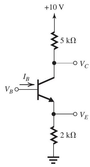     Figure 6.1.1 The BJT in the circuit in Fig. 6.1.1 has  \beta=100 . Find  V_{E}, V_{C} , and  I_{B}  for the three cases: (a)  V_{B}=0 \mathrm{~V} , (b)  V_{B}=3 \mathrm{~V} , and (c)  V_{B}=5 \mathrm{~V} .<div style=padding-top: 35px>  