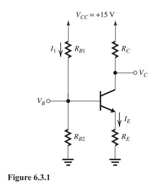     The transistor in the circuit of Fig. 6.3.1 has  \beta=  100. Find the values of the four resistors so that  V_{B}=+5 \mathrm{~V}, I_{1}=0.1 \mathrm{~mA}, I_{E}=1 \mathrm{~mA} , and  V_{C}=   +6 \mathrm{~V} .<div style=padding-top: 35px>  