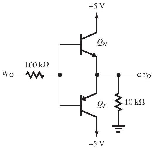     Figure 6.4.1 The BJTs in the circuit of Fig. 6.4.1 have  \beta=100  and  \left|V_{C E \text { sat }}\right|=0.3 \mathrm{~V} . Find  v_{O}  for each of the following cases: (a)  v_{I}=0 \mathrm{~V}  (b)  v_{I}=+5 \mathrm{~V}  (c)  v_{I}=-5 \mathrm{~V}  (d)  v_{I}=+10 \mathrm{~V}  (e)  v_{I}=-10 \mathrm{~V} <div style=padding-top: 35px>  