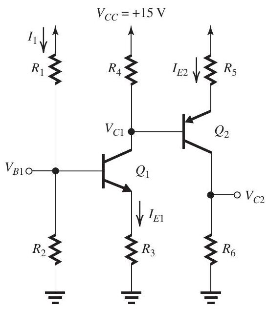     Figure 6.5.1 Design the circuit in Fig. 6.5.1 to obtain  I_{1}=   0.1 \mathrm{~mA}, V_{B 1}=+4 \mathrm{~V}, I_{E 1}=1 \mathrm{~mA}, V_{C 1}=+6 \mathrm{~V} ,  I_{E 2}=2 \mathrm{~mA} , and  V_{C 2}=+4 \mathrm{~V} . Let  \beta_{1}=\beta_{2}=100  and  \left|V_{B E}\right|=0.7 \mathrm{~V} . Specify the required values of all resistors.<div style=padding-top: 35px>  