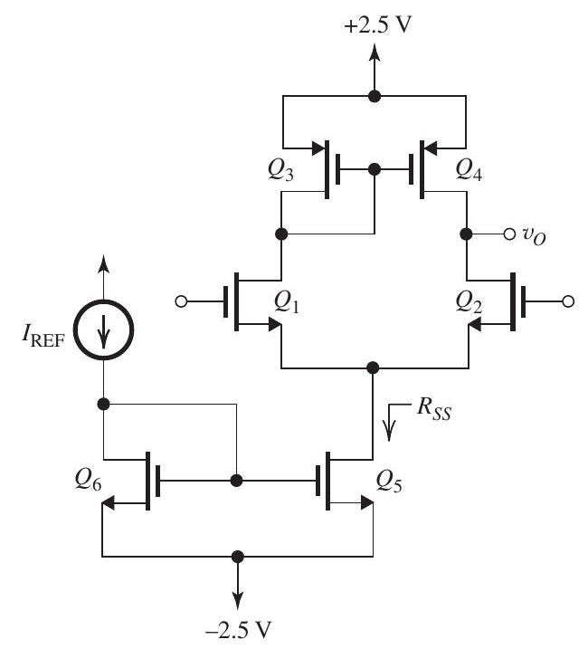      Figure 9.7.1 (a)  \begin{aligned} g_{m 1} & =\frac{2 I_{D 1}}{\left|V_{O V}\right|}=\frac{I_{\mathrm{REF}}}{\left|V_{O V}\right|} \\ r_{o 2} & =r_{o 4}=\frac{\left|V_{A}\right|}{I_{D 2,4}}=\frac{\left|V_{A}\right|}{\frac{1}{2} I_{\mathrm{REF}}}=\frac{2\left|V_{A}\right|}{I_{\mathrm{REF}}} \end{aligned}   \begin{aligned} \left|A_{d}\right| & =g_{m 1}\left(r_{o 2} \| r_{o 4}\right) \\ & =\frac{I_{\mathrm{REF}}}{\left|V_{O V}\right|} \times \frac{1}{2} \times \frac{2\left|V_{A}\right|}{I_{\mathrm{REF}}} \\ \left|A_{d}\right| & =\frac{\left|V_{A}\right|}{\left|V_{O V}\right|} \quad \text { Q.E.D } \\ g_{m 3} & =\frac{2 I_{D 3}}{\left|V_{O V}\right|}=\frac{I_{\mathrm{REF}}}{\left|V_{O V}\right|} \\ R_{S S} & =\frac{\left|V_{A}\right|}{I_{D 5}}=\frac{\left|V_{A}\right|}{I_{\mathrm{REF}}} \end{aligned}  Thus,  \begin{aligned} \left|A_{c m}\right| & =\frac{1}{2 g_{m 3} R_{S S}}=\frac{1}{2} \frac{\left|V_{O V}\right|}{\left|V_{A}\right|} \\ \mathrm{CMRR} & =\frac{\left|A_{d}\right|}{\left|A_{c m}\right|} \\ \mathrm{CMRR} & =2\left(\left|V_{A}\right| /\left|V_{O V}\right|\right)^{2} \end{aligned}  Q.E.D (b)  \begin{aligned} A_{d} & =40=\frac{\left|V_{A}\right|}{\left|V_{O V}\right|}=\frac{20}{\left|V_{O V}\right|} \\ \Rightarrow\left|V_{O V}\right| & =0.5 \mathrm{~V} \\ \mathrm{CMRR} & =2(20 / 0.5)^{2}=3200 \end{aligned}  or  70.1 \mathrm{~dB}  (c) For  Q_{5}  and  Q_{6}, I_{D}=I_{\mathrm{REF}}=200 \mu \mathrm{A} , thus  \begin{aligned} 200 & =\frac{1}{2} \mu_{n} C_{O x}(W / L)_{5,6} V_{O V}^{2} \\ & =\frac{1}{2} \times 200 \times(W / L)_{5,6} \times 0.5^{2} \\ \Rightarrow(W / L)_{5,6} & =8 \end{aligned}  For  Q_{1}  and  Q_{2}, I_{D}=100 \mu \mathrm{A} , thus  \begin{aligned} 100 & =\frac{1}{2} \times 200 \times(W / L)_{1,2} \times 0.5^{2} \\ \Rightarrow\left(\frac{W}{L}\right)_{1,2} & =4 \end{aligned}  For  Q_{3}  and  Q_{4}, I_{D}=100 \mu \mathrm{A} , thus  \begin{aligned} 100 & =\frac{1}{2} \times 100 \times(W / L)_{3,4} \times 0.5^{2} \\ \Rightarrow(W / L)_{3,4} & =8 \end{aligned}  (d)  \begin{aligned} V_{O} & =V_{G 4}=2.5-V_{S G 4} \\ & =2.5-\left|V_{t p}\right|-\left|V_{O V}\right| \\ & =2.5-0.5-0.5 \\ & =+1.5 \mathrm{~V} \end{aligned}  Thus,  \begin{aligned} V_{O S} & =\frac{V_{O}}{A_{d}} \\ & =\frac{1.5}{40}=37.5 \mathrm{mV} \end{aligned}  (e)  \begin{aligned} v_{I C M \max } & =V_{D 1}+V_{t n} \\ & =(2.5-0.5-0.5)+0.5 \\ & =+2 \mathrm{~V} \\ v_{I C M \min } & =-2.5+V_{O V 5}+V_{G S 1} \\ & =-2.5+0.5+(0.5+0.5) \\ & =-1 \mathrm{~V} \end{aligned}  Thus,  -1 \mathrm{~V} \leq v_{I C M} \leq+2 \mathrm{~V}  (f)  \begin{aligned} & v_{O \max }=+2.5-\left|V_{O V}\right|=+2 \mathrm{~V} \\ & v_{O \min }=0-V_{t n}=-0.5 \mathrm{~V} \end{aligned}  Thus, the output voltage can swing from its quiescent value of  1.5 \mathrm{~V}  positively to  +2 \mathrm{~V}  and negatively to  -0.5 \mathrm{~V} . For a sine wave, the maximum peak output signal would be  0.5 \mathrm{~V} , or  1 \mathrm{~V}  peak-topeak, which corresponds to a peak-to-peak input sine wave of  \frac{1 \mathrm{~V}}{40}=25 \mathrm{mV} . 