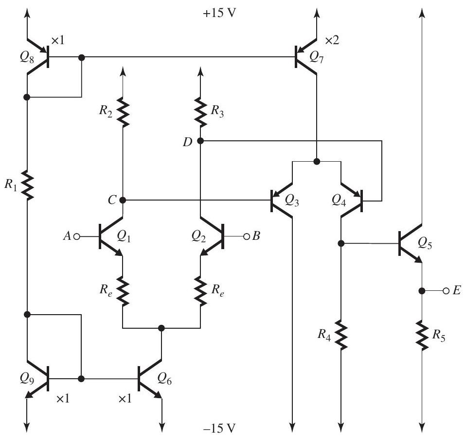      Figure 9.10.1 (a)  \begin{aligned} I_{E 1} & =I_{E 2}=0.25 \mathrm{~mA} \\ I_{C 6} & =I_{E 1}+I_{E 2}=0.5 \mathrm{~mA} \\ \Rightarrow I_{C 9} & =I_{C 8}=0.5 \mathrm{~mA} \\ R_{1} & =\frac{30-0.7-0.7}{0.5}=57.2 \mathrm{k} \Omega \\ I_{C 1} & =I_{C 2}=0.25 \mathrm{~mA} \\ V_{C} & =V_{D}=+10 \mathrm{~V} \\ R_{2} & =R_{3}=\frac{15-10}{0.25}=20 \mathrm{k} \Omega \\ I_{C 7} & =2 I_{C 8}=2 \times 0.5=1 \mathrm{~mA} \\ I_{C 3} & =I_{C 4}=\frac{1}{2} I_{C 7}=0.5 \mathrm{~mA} \\ V_{E} & =0 \mathrm{~V} \\ V_{B 5} & =V_{E}+0.7=+0.7 \mathrm{~V} \\ R_{4} & =\frac{V_{B 5}-(-15)}{I_{C 4}} \\ R_{4} & =\frac{0.7+15}{0.5}=31.4 \mathrm{k} \Omega \\ R_{5} & =\frac{V_{E}-(-15)}{I_{E 5}} \\ R_{5} & =\frac{0+15}{3}=5 \mathrm{k} \Omega \end{aligned}  (b)  R_{i d}=2(\beta+1)\left(r_{e 1,2}+R_{e}\right)  where  \begin{aligned} \beta & =99 \\ r_{e 1,2} & =\frac{V_{T}}{I_{E 1,2}}=\frac{25 \mathrm{mV}}{0.25 \mathrm{~mA}}=100 \Omega \end{aligned}  Thus,  \begin{aligned} 40 & =2(99+1)\left(0.1+R_{e}\right) \\ \Rightarrow R_{e} & =0.1 \mathrm{k} \Omega=100 \Omega \end{aligned}  (c)  A_{d 1}=\alpha \frac{\left(R_{2}+R_{3}\right) \| R_{i 2}}{\left(2 r_{e 1,2}+2 R_{e}\right)}  where  \begin{aligned} R_{i 2} & =2(\beta+1) r_{e 3,4}=2 r_{\pi 3,4} \\ r_{e 3,4} & =\frac{25 \mathrm{mV}}{0.5 \mathrm{~mA}}=50 \Omega \\ R_{i 2} & =2 \times 100 \times 0.05=10 \mathrm{k} \Omega \\ A_{d 1} & \simeq 1 \times \frac{[(20+20) \| 10]}{(2 \times 0.1+2 \times 0.1)} \\ & =20 \mathrm{~V} / \mathrm{V} \end{aligned}  (d)  A_{d 2}=\alpha \frac{R_{4} \| R_{i 3}}{\left(r_{e 3}+r_{e 4}\right)}  where  R_{i 3}=(\beta+1)\left(r_{e 5}+R_{5}\right)  and  \begin{aligned} r_{e 5} & =\frac{V_{T}}{I_{E 5}}=\frac{25 \mathrm{mV}}{3 \mathrm{~mA}}=8.3 \Omega \\ R_{i 3} & =(99+1)(0.0083+5) \\ & =500.83 \mathrm{k} \Omega \\ A_{d 2} & \simeq 1 \times \frac{31.4 \| 500.83}{0.1} \\ & =295.5 \mathrm{~V} / \mathrm{V} \end{aligned}  (e)  A_{3}=\frac{R_{5}}{R_{5}+r_{e 5}}=\frac{5000}{5000+8.3}=0.998 \mathrm{~V} / \mathrm{V}  (f)  \begin{aligned} A_{v} & =\frac{v_{e}}{v_{b}-v_{a}}=20 \times 295.5 \times 0.998 \\ & =5900 \mathrm{~V} / \mathrm{V} \end{aligned}