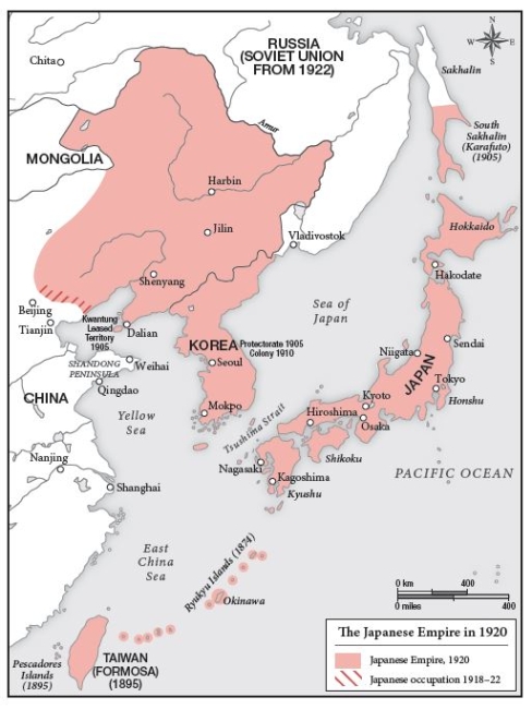   -Looking at Map 13.2 Japan had conquered ________ by 1920.