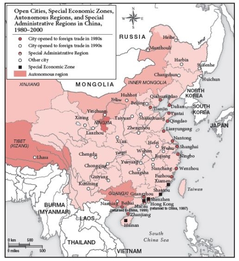 <strong>  -Looking at Map 10.3, the cities opened to foreign trade in the 1980s were all ________.</strong> A) in the Chinese heartland B) also Special Economic Zones C) port cities D) capitals or former capitals <div style=padding-top: 35px> 