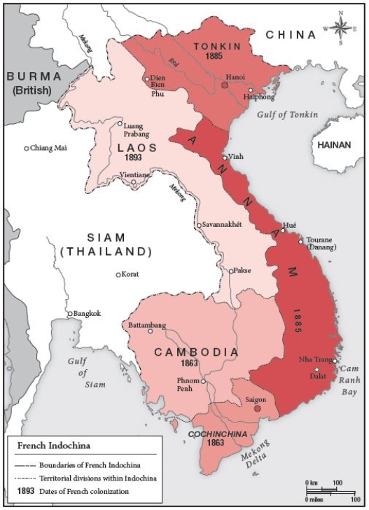 -Looking at Map 7.3 around 1890 Vietnam was roughly ________.