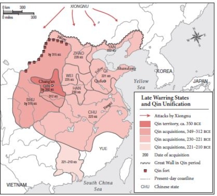 <strong> -Looking at Map 2.4, by the time of Shi Huangdi's accession in 221, the Qin ________.</strong> A) controlled all of then China B) were being pushed out by the Han C) has successfully driven the Xiongnu back D) were beginning to unify China