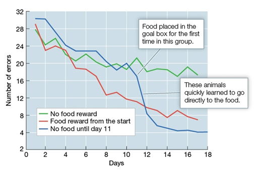 Use the following to answer questions : Refer to the graph below.     In an experiment, rats were placed in a complex maze with several one-way doors so that a rat wandering around would eventually reach the goal box. When a rat reached the goal box, it was returned to its home cage. This was repeated for several days. Rats were assigned to one of three groups: • Group 1 was provided food in the goal box every day. • Group 2 was provided food in the goal box beginning on the 11th day. • Group 3 was never provided food in the goal box. Researchers measured how many errors the rats made across trials on the way to the goal box. Results are shown in the graph. -According to the data in the graph,