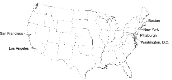 <strong>Refer to the map below.   Which of the following people is likely to experience the most serious case of jet lag?</strong> A) Marie, who drove for 12 hours from Pittsburgh to Boston B) Brett, who flew for six hours from San Francisco to Boston C) Michelle, who flew for six hours from New York to Los Angeles D) Jessica, who flew for two hours from Washington,D. C., to Boston after her flight was delayed for three hours on the runway <div style=padding-top: 35px> 