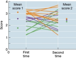 <strong>Refer to the figure below. The data in the figure show the test scores of students who took the same intelligence test on two separate occasions. Students' first scores are shown on the left and their second scores are shown on the right. Based on the data, it is reasonable to conclude that the test</strong> A) lacks inter-observer reliability. B) has very high cross-test reliability. C) lacks test-retest reliability. D) has very high convergent validity.