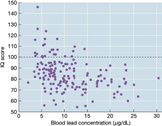 <strong>Refer to the figure below. Which of the following is a valid conclusion from the data in the figure?</strong> A) There is a correlation between IQ scores and levels of lead found in the blood. B) People inherit genes that make them healthier and improve their IQ scores. C) Environmental factors have a much greater effect on IQ scores than heredity. D) Children who are exposed to lead have smaller brains than children who are not exposed to lead.