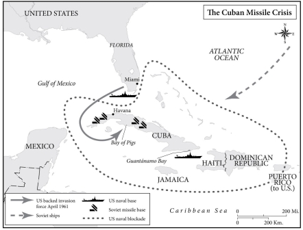<strong> -This map shows why the Cuban missile crisis nearly led to war between the US and the Soviet Union</strong> A) Cuba's proximity to the continental US B) The fact that the US felt Cuba was an ally C) The threat to US ally Mexico D) The threat to US shipping in and out of the port of Miami