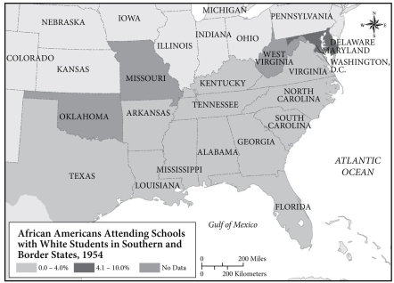 <strong> -According to this map, the percentage of Black and white students attending school together in most southern states was</strong> A) Less than 10% B) Less than 5% C) Less than 4% D) Zero