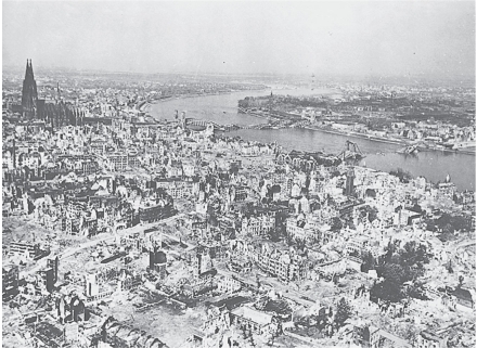 <strong> -This image shows the German city of Cologne in ruins as a result of</strong> A) Trench warfare B) Wartime bombing C) Artillery bombardments D) An atomic bomb attack