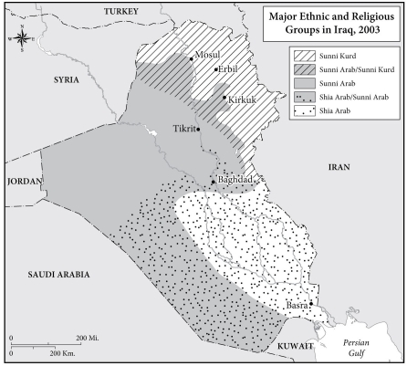 <strong> -This map illustrates one of the problems that US forces had with pacifying Iraq,</strong> A) Ethnic divisions B) Lack of support for government C) Awkward terrain D) Weather