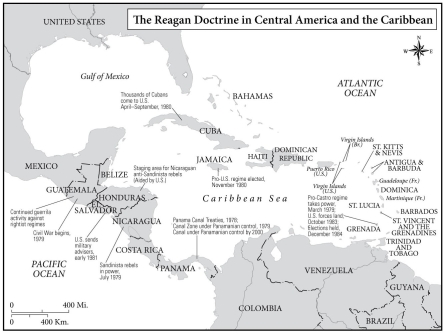 <strong> -This map shows</strong> A) How intensively Reagan adopted an interventionist foreign policy B) That the majority of interventions under Reagan happened in the Caribbean C) That Reagan was limiting American foreign policy commitments D) That Americans were less and less concerned with the threat of communism