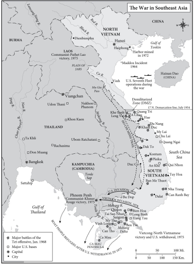 <strong> -You can see from this map that the Tet Offensive relied on</strong> A) Low levels of American troop commitment B) The ability of the Vietcong to surround American strongholds C) The cooperation of Laos and Cambodia in letting North Vietnamese troops move through their countries D) Chinese involvement