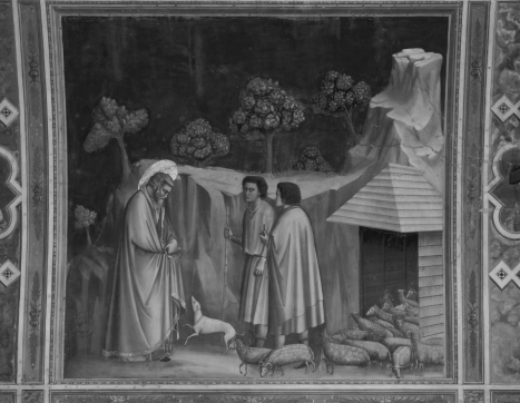 <strong> What feature of this fresco best exemplifies new Renaissance artistic trends?</strong> A) The two-dimensionality of the halo B) The simplification of the trees C) The exaggeration of the cliff D) The naturalism of the cloak folds