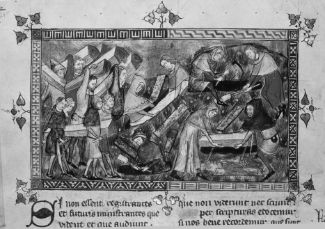 <strong> What does this image communicate to its audience?</strong> A) The selectiveness of death B) The ubiquity of death C) Italian loss of life D) Measures taken against the spread of plague