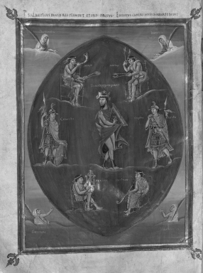 <strong> What propagandistic message does this illumination communicate?</strong> A) The links between Carolingian and Merovingian kings B) The skill of Carolingian arists C) The similarities between Carolingian and Biblical kings D) The importance of musicians in Carolingian courts