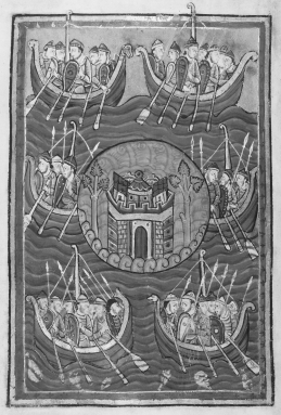 <strong> How might this manuscript image communicate unease about England being invaded? (Select all that apply.)</strong> A) It depicts dragon-headed boats crammed with men, emphasizing the number of invaders B) It shows a mix of men and women, suggesting settlement rather than invasion C) It sets the isolated island in the middle, highlighting the extent to which England was perceived to be surrounded D) It borrows from an Islamic style of drawing, pointing out the foreignness of the invaders