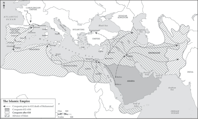 <strong> Which areas did Muslims conquer immediately after the death of Muhammad?</strong> A) The Iberian peninsula B) The Maghreb C) The Arabian peninsula D) The Khazar kingdom