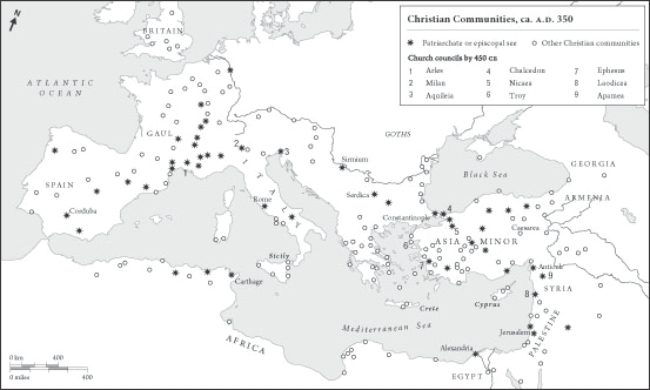 <strong> What is true about the church councils called before 450 CE?</strong> A) They are geographically centered around Rome B) They are geographically diverse, from Western Europe to the Near East C) They all occur in Western Europe D) They all occur in the Near East