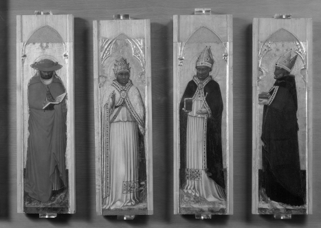 <strong> What figures does this painting depict?</strong> A) Saints martyred by Diocletian B) Emperors who supported Christianity C) The leaders of heresies D) The Latin Doctors