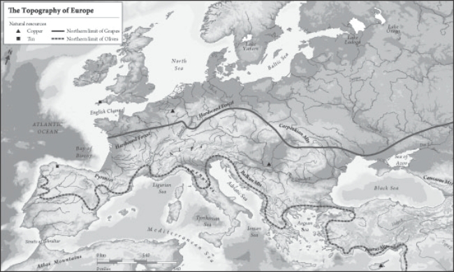<strong> What does this map indicate about coastal Mediterranean economies?</strong> A) The coast acquired all its resources only by trade B) Copper was widely available to coastal miners C) Coastal crop output was limited by the narrowness of arable land D) The extreme north was a larger producer of wine than the coast
