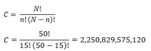 To calculate the number of possible unique samples, we use formula 5-1: The total number of unique samples of 15 that can be drawn from a population of 50 is 2,250,829,575,120. 2.