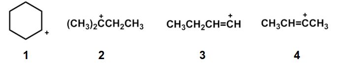 <strong>Rank the following carbocations in order of decreasing stability. </strong> A) 2 > 1 > 4 > 3 B) 2>1>3>4 C) 4>3>2>1 D) 3>4>2>1 E) 2>4>3>1