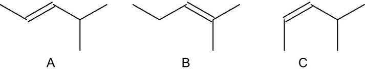 <strong>Which of the following alkenes has the greatest heat of hydrogenation? </strong> A) A B) B C) C D) all are about the same E) A and B have the greatest