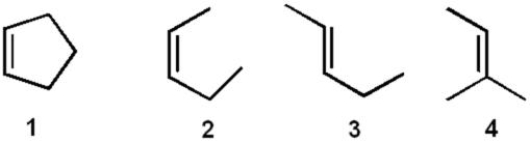 <strong>Rank the following compounds in order from most stable to least stable. </strong> A) 1>2>3>4 B) 1>2>4>3 C) 4>1>2>3 D)4>3>2>1 E) 2>4>1>3