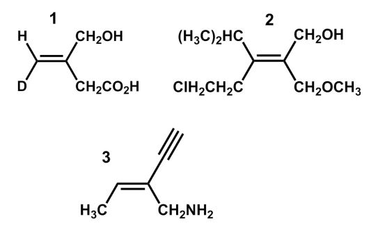 <strong>Which of the following structures is an E isomer? </strong> A) 1 B) 2 C) 3 D) 1 and 2 E) 1 and 3