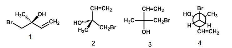 <strong>Which of the following structures has the S configuration? </strong> A) 1 B) 2 C) 3 D) 4 E) 1 and 3