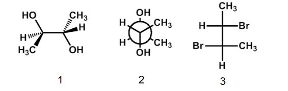 <strong>Which of the following structures has the S,S configuration? </strong> A) 1 B) 2 C) 3 D) 1 and 3 E) none of the above Structures 1 and 3 are meso and must have R and S asymmetric centers. Structure 2 has no plane of symmetry.