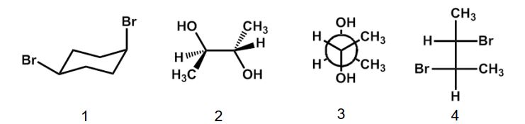 <strong>Which of the following structures is a meso compound? </strong> A) 1 B) 2 C) 3 D) 4 E) 2 and 4