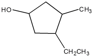 <strong>Choose the best name for the following compound. </strong> A) 1-ethyl-2-methylcyclopentanol B) 1-ethyl-2-methyl-3-cyclopentanol C) 3-methyl-4-ethylcyclopentanol D) 4-ethyl-3-methylcyclopentanol E) 3-ethyl-4-methylcyclopentanol