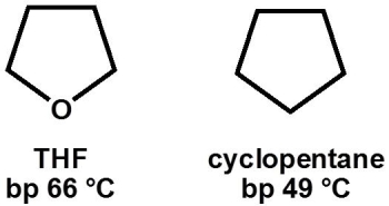 <strong>Why, primarily, does tetrahydrofuran (THF, bp 66 °C) have a higher boiling point than cyclopentane (bp 49 °C)? </strong> A) increased London dispersion forces B) hydrogen bonding C) increased mass D) decreased London dispersion forces E) dipole-dipole interactions